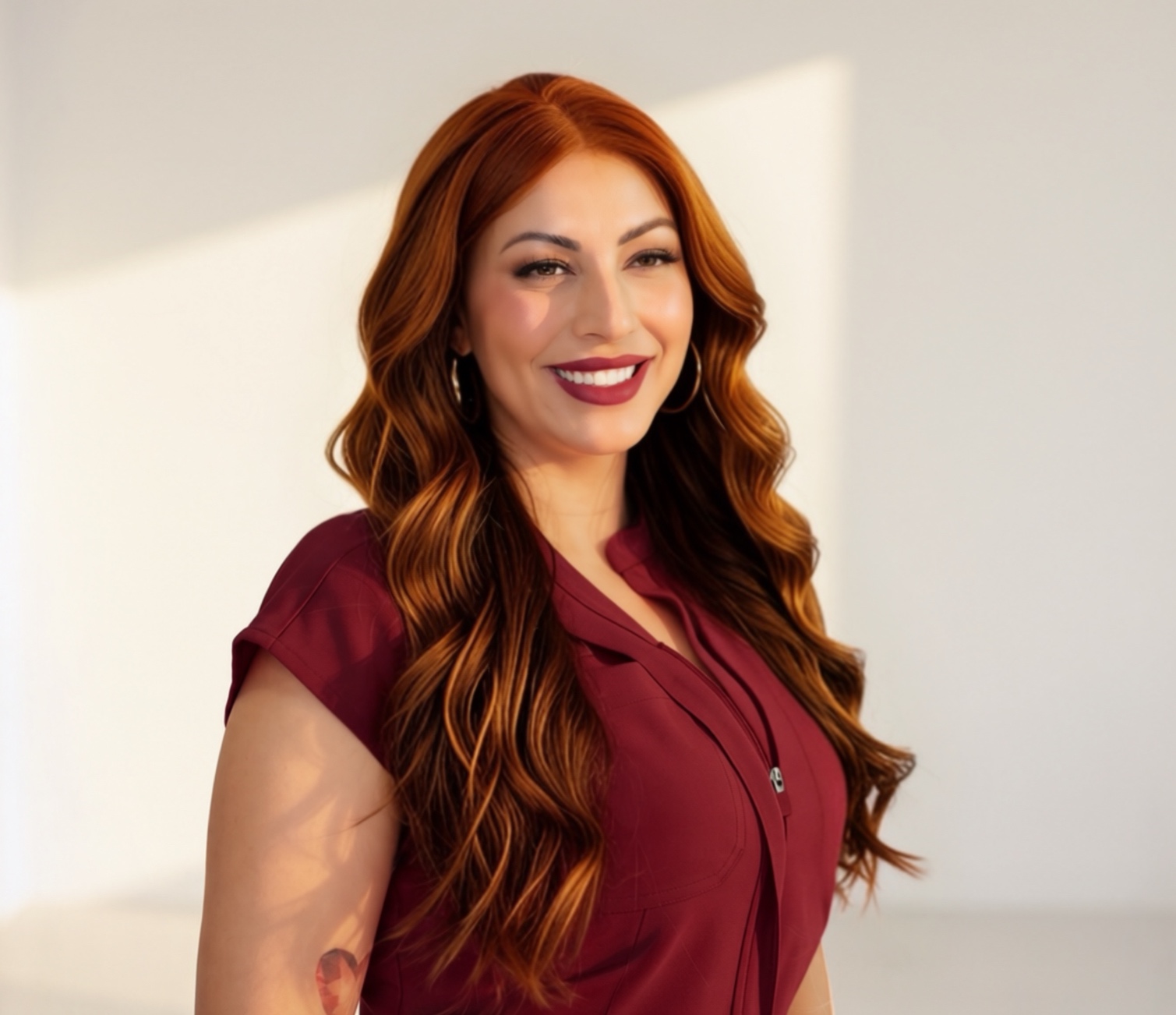 Judith Garcia smiling in burgundy scrubs